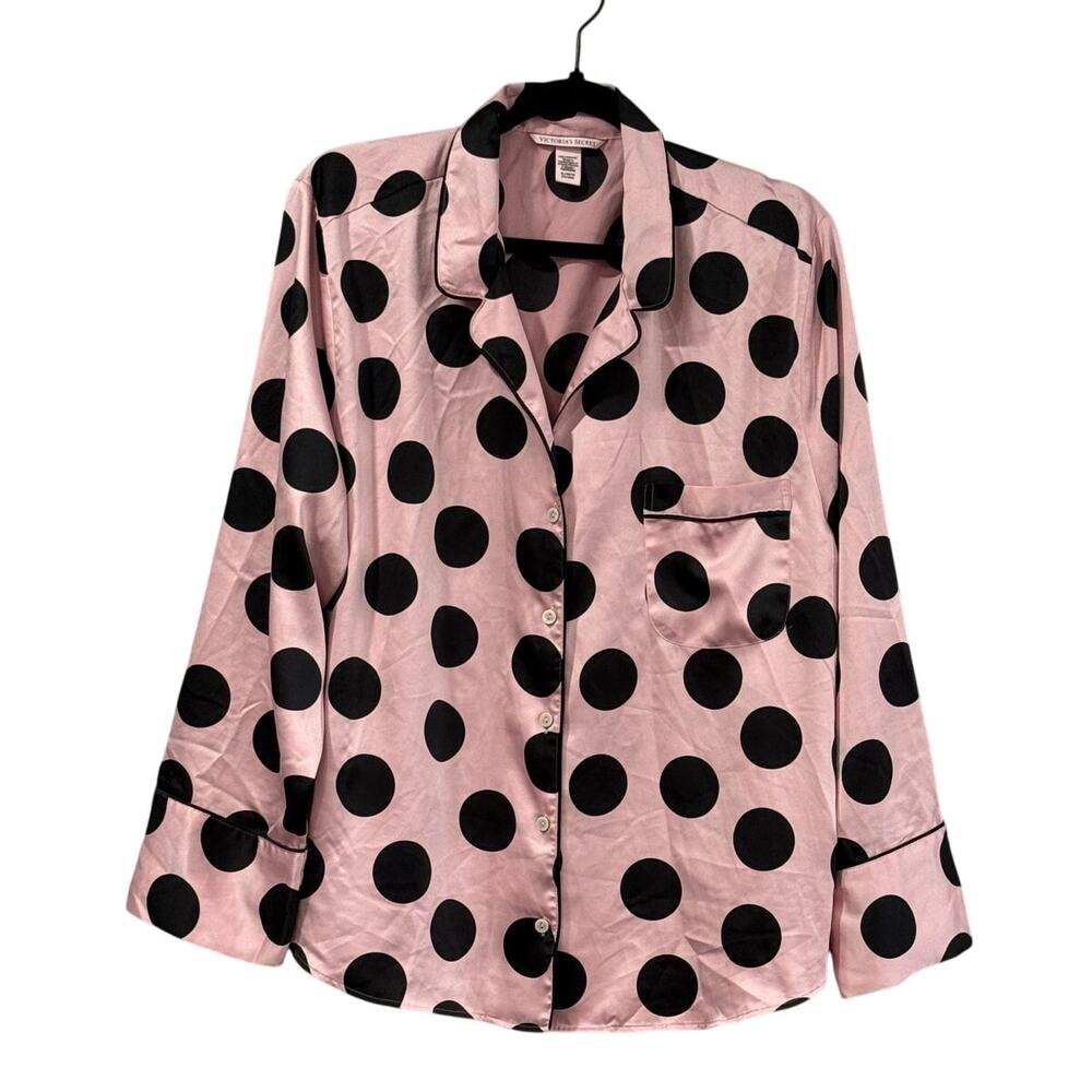 Victoria's Secret Pajama Top Satin Pink Black Polka Dot PJ Long Sleeve Womens XL